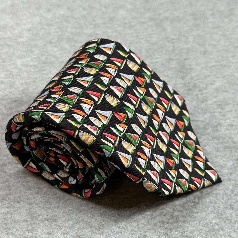Vintage‎ Rooster 100% Black Silk Sailboat Print Men's Necktie Preppy Nautical